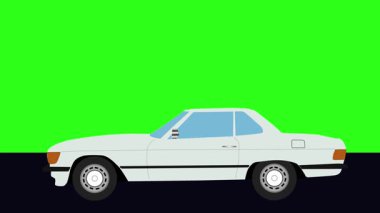 Yeşil ekran arka planlı Retro araba çizgi film animasyon sürücüsü yolda.