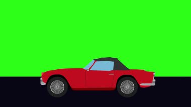 Yeşil ekran arka planlı Retro araba çizgi film animasyon sürücüsü yolda.