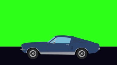 Yeşil ekran arka planlı Retro araba çizgi film animasyon sürücüsü yolda.