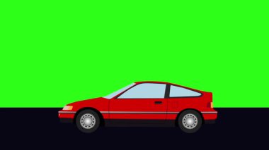 Yeşil ekran arka planlı Retro araba çizgi film animasyon sürücüsü yolda.