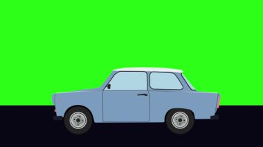 Yeşil ekran arka planlı Retro araba çizgi film animasyon sürücüsü yolda.
