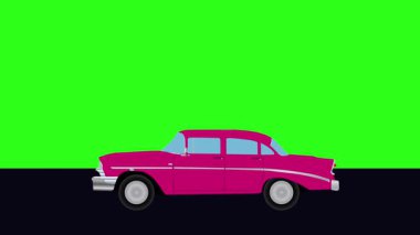 Yeşil ekran arka planlı Retro araba çizgi film animasyon sürücüsü yolda.