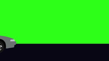 Yeşil ekran arka planlı Retro araba çizgi film animasyon sürücüsü yolda.