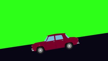 Yeşil ekran, vadiden aşağı inen retro araba çizgi filmi animasyonu.