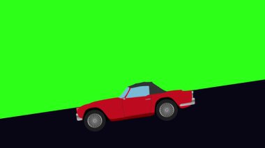 Yeşil ekran, vadiden aşağı inen retro araba çizgi filmi animasyonu.
