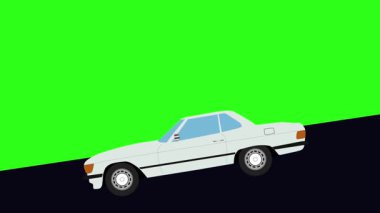 Yeşil ekran, vadiden aşağı inen retro araba çizgi filmi animasyonu.