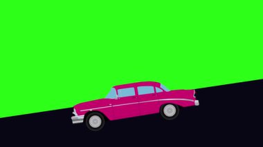Yeşil ekran, vadiden aşağı inen retro araba çizgi filmi animasyonu.