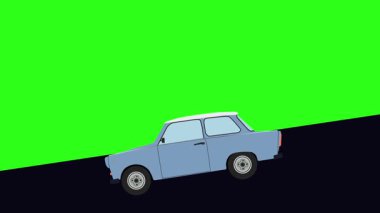 Yeşil ekran, vadiden aşağı inen retro araba çizgi filmi animasyonu.