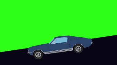 Yeşil ekran, vadiden aşağı inen retro araba çizgi filmi animasyonu.