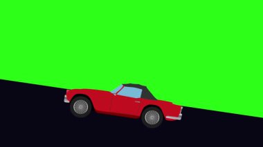 Tepeye doğru giden yeşil ekran retro araba çizgi film animasyonu.