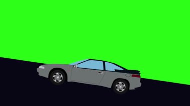 Tepeye doğru giden yeşil ekran retro araba çizgi film animasyonu.