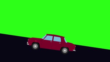 Tepeye doğru giden yeşil ekran retro araba çizgi film animasyonu.