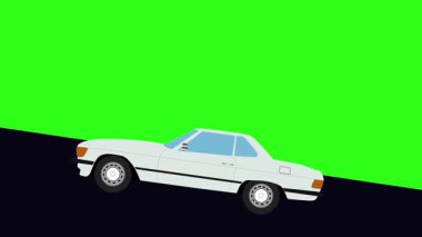Tepeye doğru giden yeşil ekran retro araba çizgi film animasyonu.
