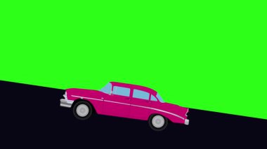 Tepeye doğru giden yeşil ekran retro araba çizgi film animasyonu.
