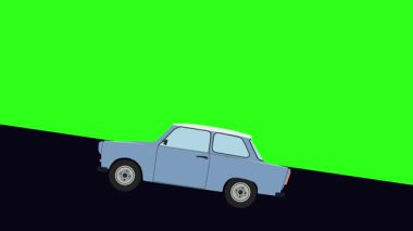 Tepeye doğru giden yeşil ekran retro araba çizgi film animasyonu.