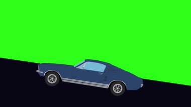 Tepeye doğru giden yeşil ekran retro araba çizgi film animasyonu.