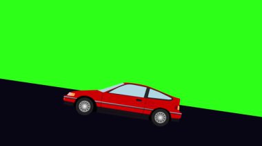Tepeye doğru giden yeşil ekran retro araba çizgi film animasyonu.