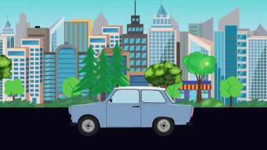 Sokakta eski araba sürme animasyonu, şehir arka planı, kusursuz döngü