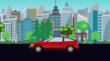 Sokakta eski araba sürme animasyonu, şehir arka planı, kusursuz döngü