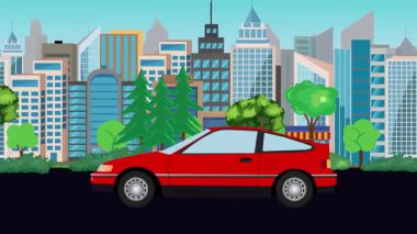 Sokakta eski araba sürüşü animasyonu, şehir arka planı