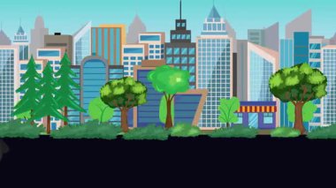 Sokakta eski araba sürüşü animasyonu, şehir arka planı