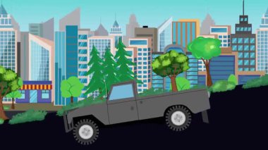 Geçmişteki araba animasyonları sokaktaki vadiden aşağı gidiyor, şehir arka planında.