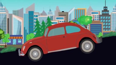 Geçmişteki araba animasyonları sokaktaki vadiden aşağı gidiyor, şehir arka planında.