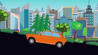 Eski araba çizgi film animasyonu caddedeki tepeye çıkıyor, şehir arka planında.