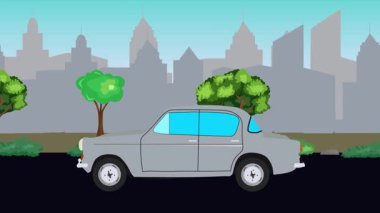 Sokakta eski araba sürme animasyonu, şehir arka planı, kusursuz döngü