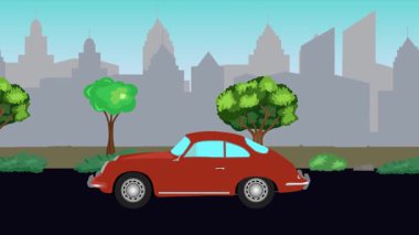 Sokakta eski araba sürme animasyonu, şehir arka planı, kusursuz döngü