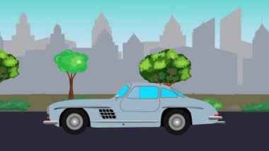 Sokakta eski araba sürme animasyonu, şehir arka planı, kusursuz döngü