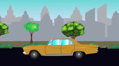 Sokakta eski araba sürme animasyonu, şehir arka planı, kusursuz döngü