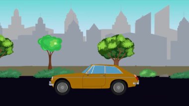 Sokakta eski araba sürme animasyonu, şehir arka planı, kusursuz döngü