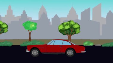 Sokakta eski araba sürme animasyonu, şehir arka planı, kusursuz döngü