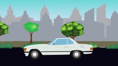 Sokakta eski araba sürme animasyonu, şehir arka planı, kusursuz döngü
