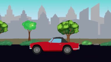 Sokakta eski araba sürme animasyonu, şehir arka planı, kusursuz döngü