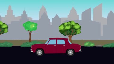 Sokakta eski araba sürme animasyonu, şehir arka planı, kusursuz döngü