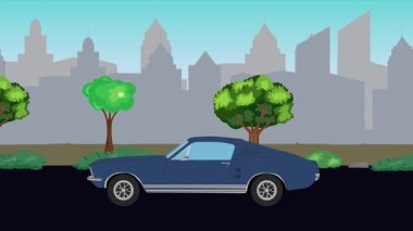 Sokakta eski araba sürme animasyonu, şehir arka planı, kusursuz döngü