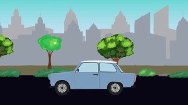 Sokakta eski araba sürme animasyonu, şehir arka planı, kusursuz döngü
