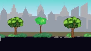 Sokakta eski araba sürüşü animasyonu, şehir arka planı