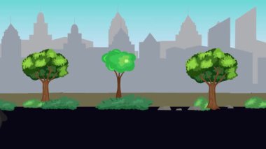 Sokakta eski araba sürüşü animasyonu, şehir arka planı