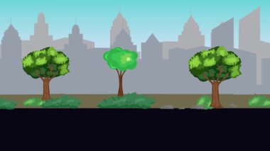 Sokakta eski araba sürüşü animasyonu, şehir arka planı