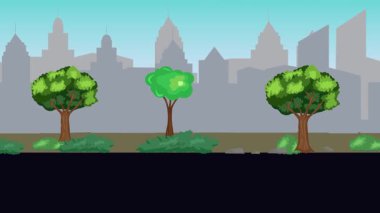 Sokakta eski araba sürüşü animasyonu, şehir arka planı