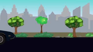 Sokakta eski araba sürüşü animasyonu, şehir arka planı