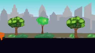 Sokakta eski araba sürüşü animasyonu, şehir arka planı