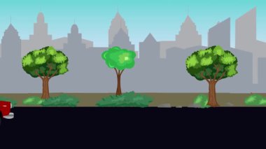 Sokakta eski araba sürüşü animasyonu, şehir arka planı