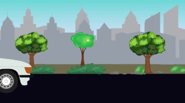 Sokakta eski araba sürüşü animasyonu, şehir arka planı