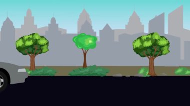 Sokakta eski araba sürüşü animasyonu, şehir arka planı