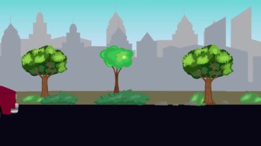 Sokakta eski araba sürüşü animasyonu, şehir arka planı