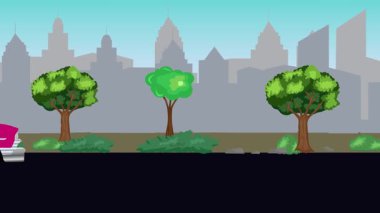 Sokakta eski araba sürüşü animasyonu, şehir arka planı